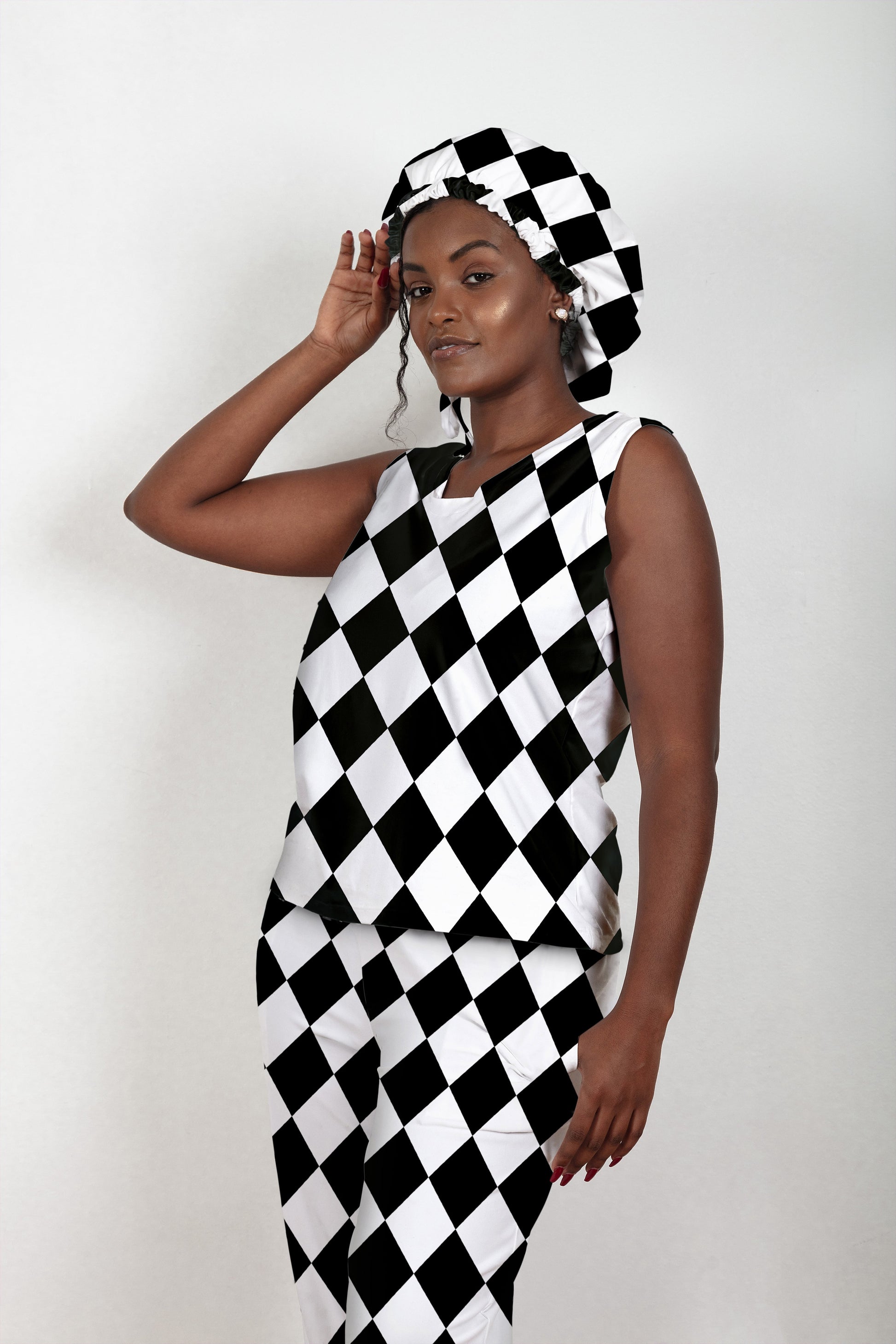 Black & White Diamonds - Bamboo Tank Top Pajama Pants Set, With A Matching Satin-Lined Bonnet