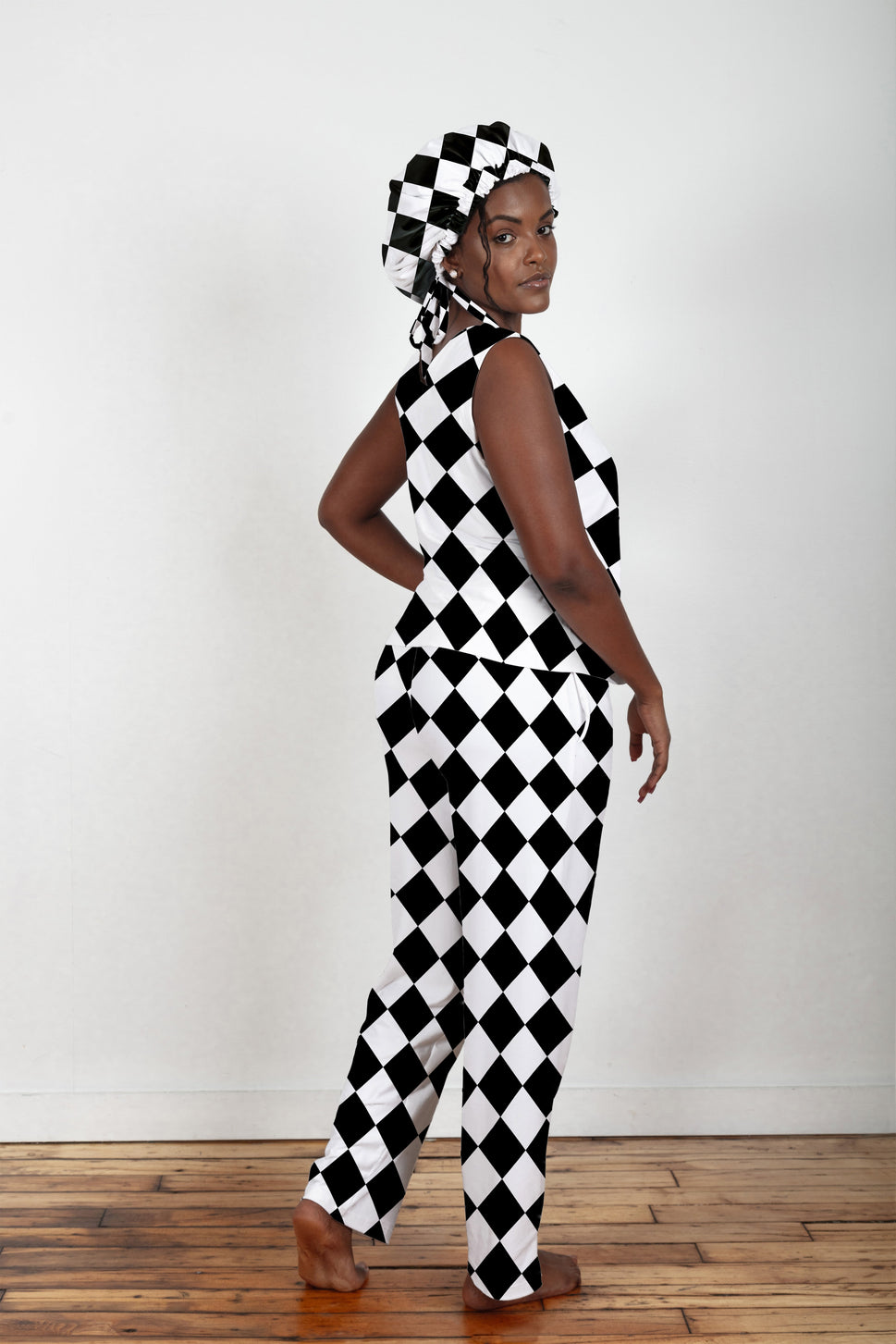Black & White Diamonds - Bamboo Tank Top Pajama Pants Set, With A Matching Satin-Lined Bonnet