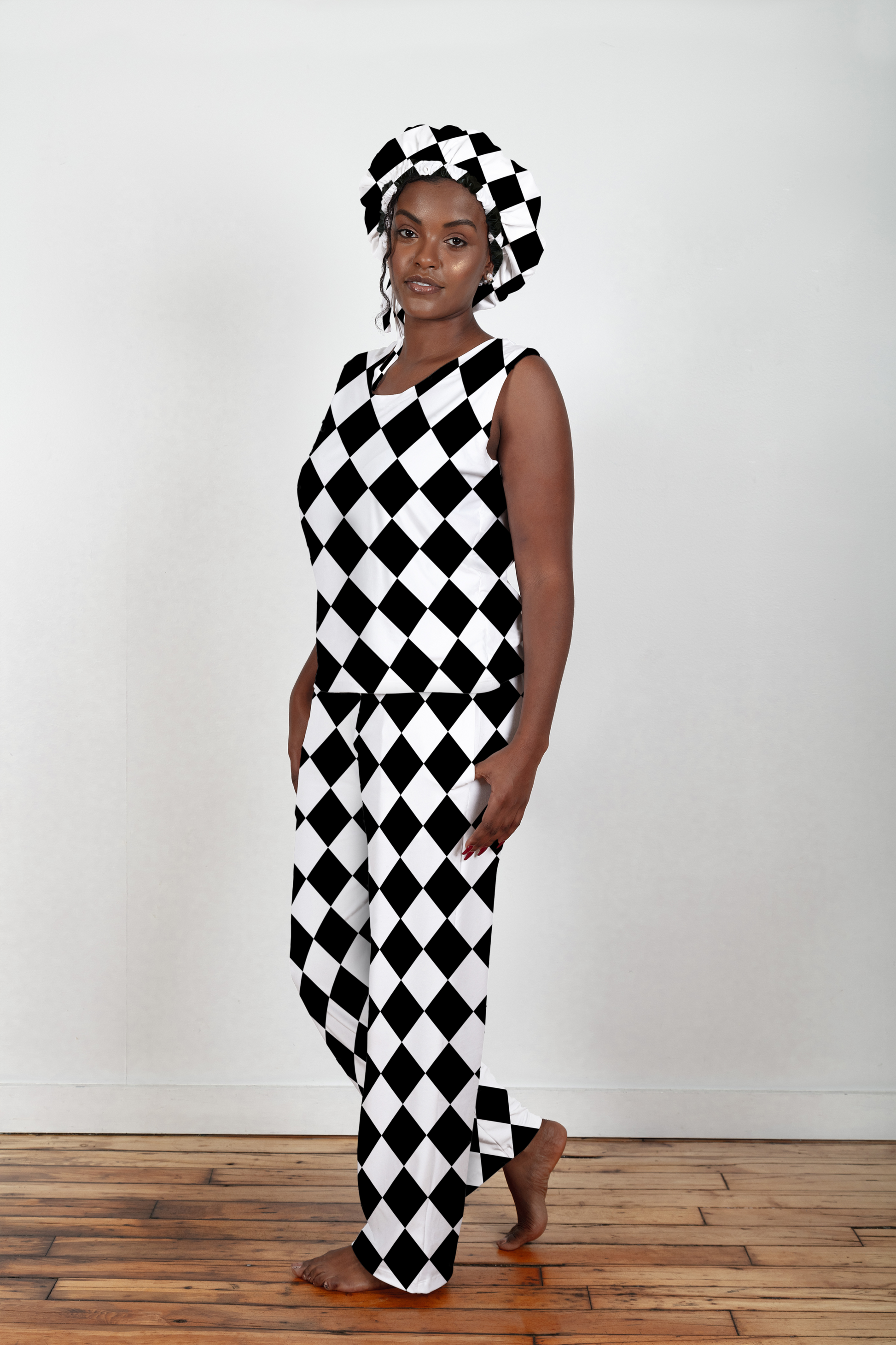 Black & White Diamonds - Bamboo Tank Top Pajama Pants Set, With A Matching Satin-Lined Bonnet