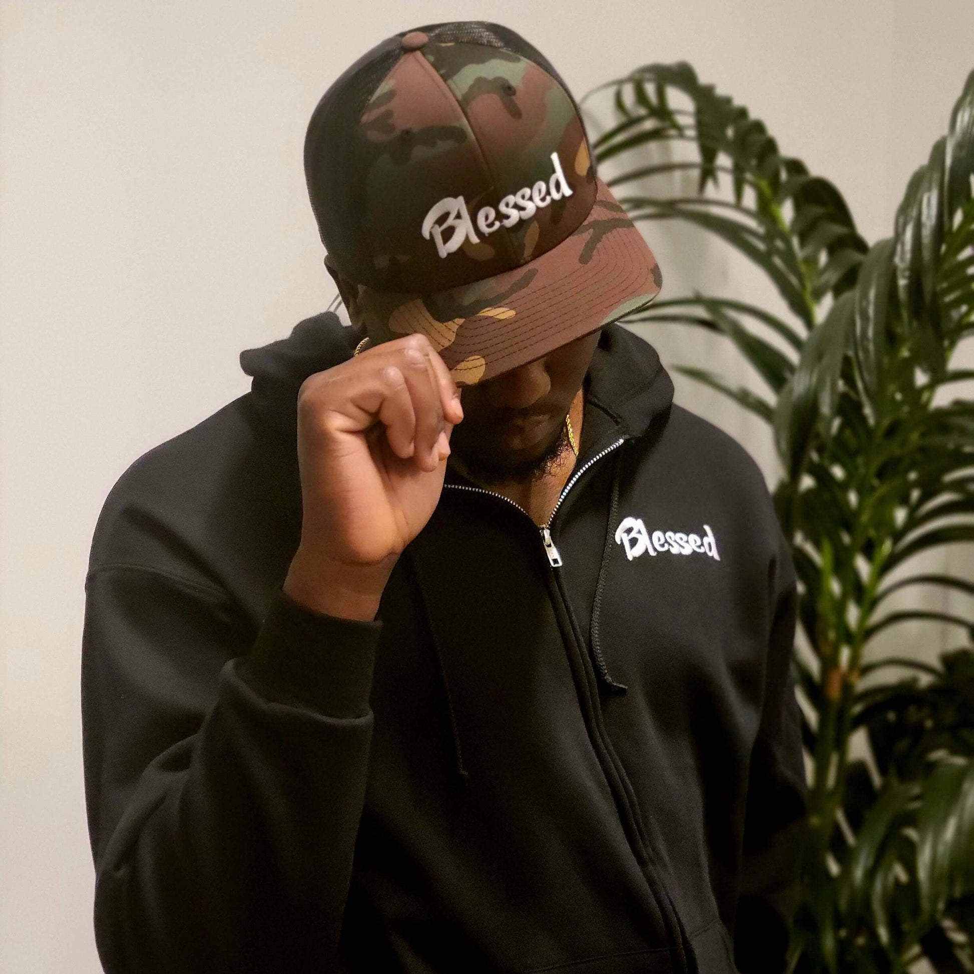 "Blessed" Embroidered Trucker Cap - Camo