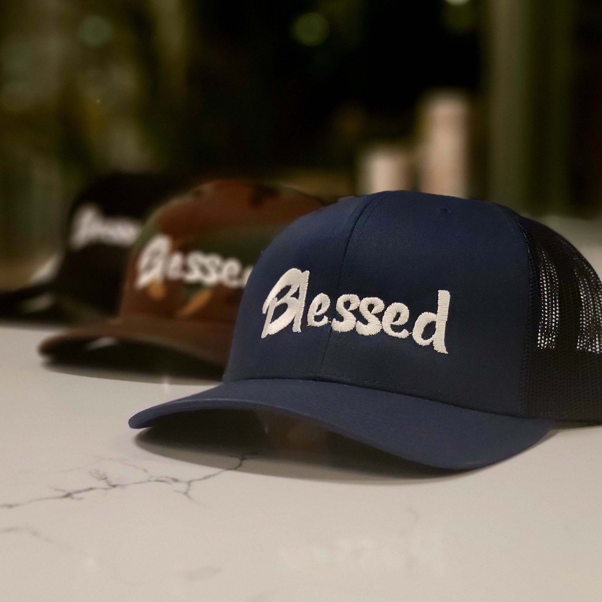 "Blessed" Embroidered Trucker Cap - Camo