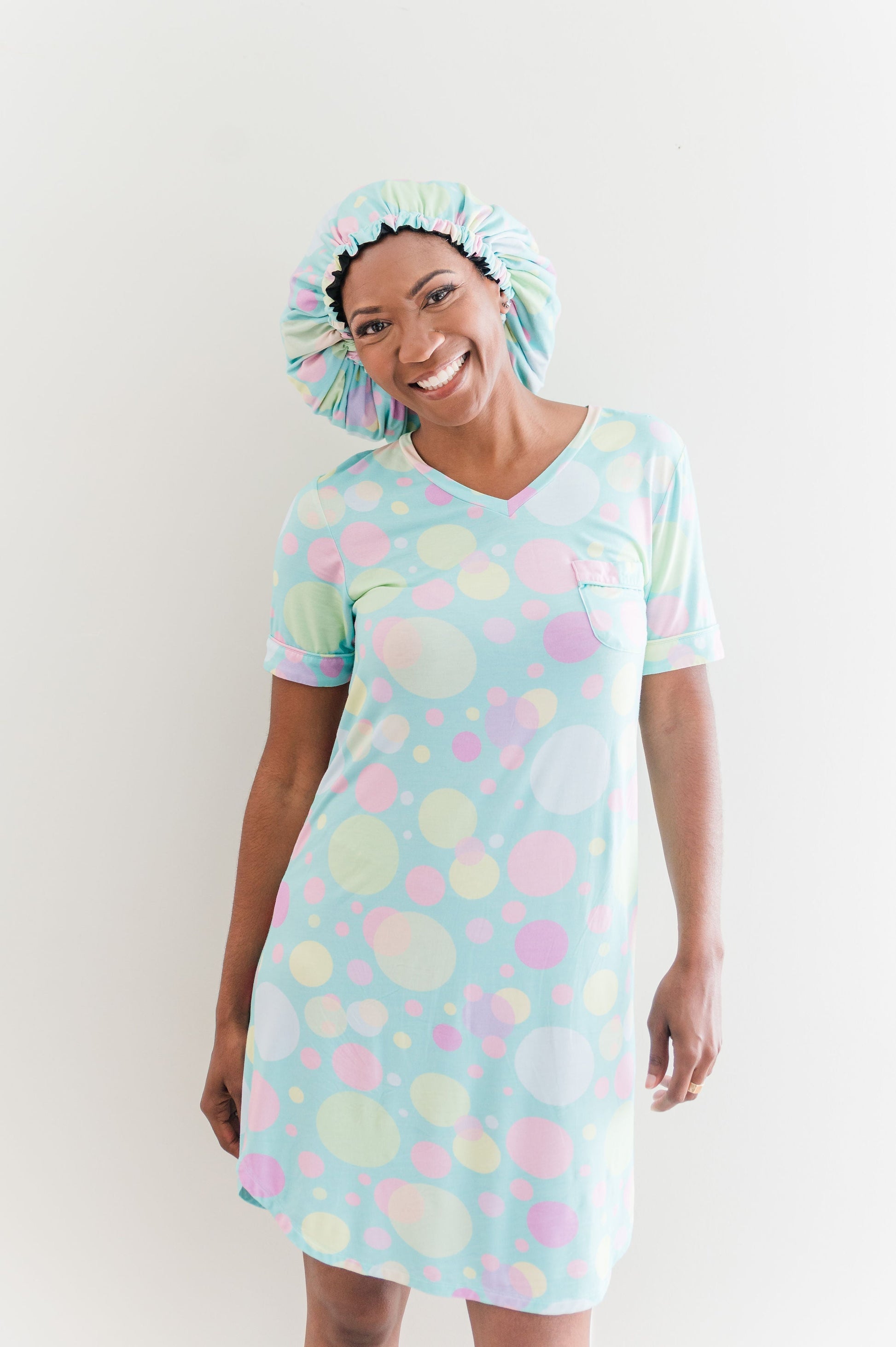Bubbles - Bamboo Nightgown Set, With A Matching Satin-Lined Bonnet