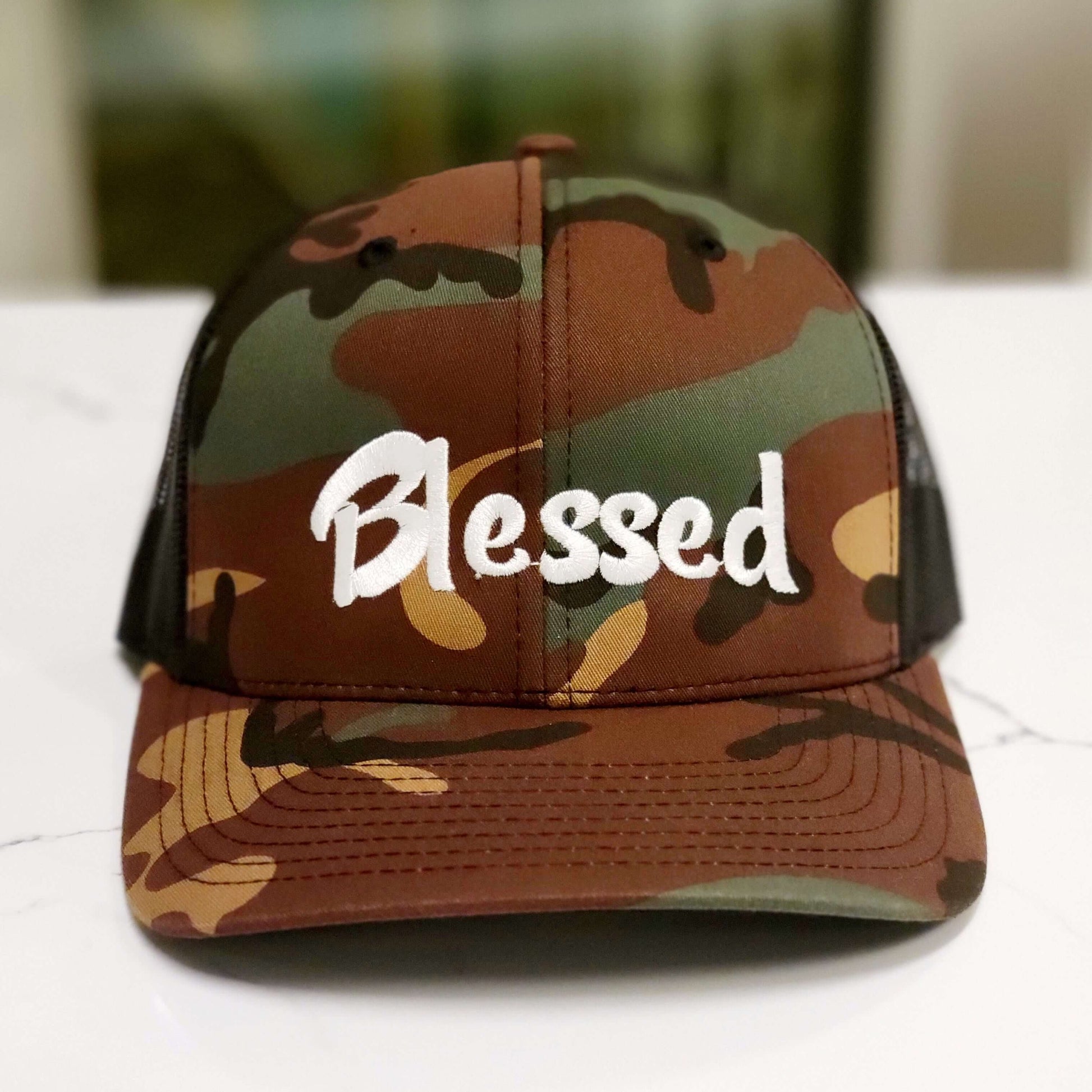 "Blessed" Embroidered Trucker Cap - Camo