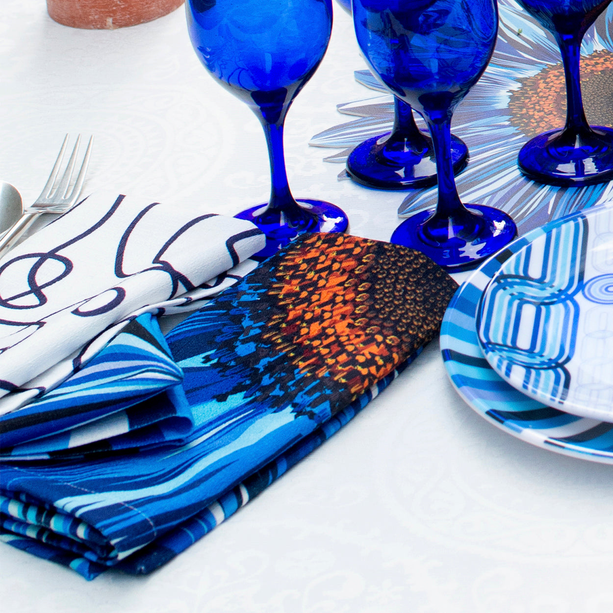 Blue Sunflower Faux Linen Napkin Set of 4