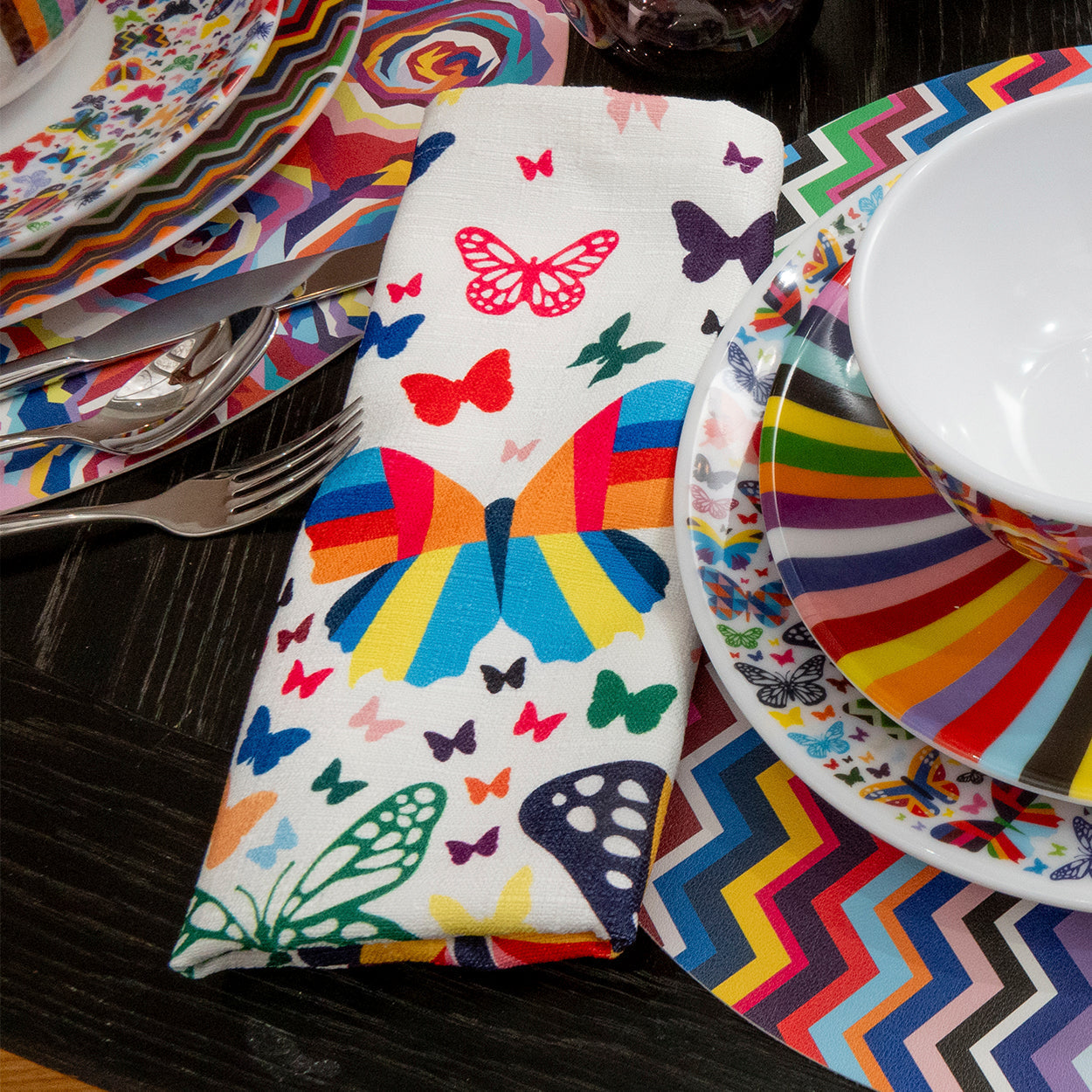 Multicolored Butterflies Faux Linen Napkin Set of 4