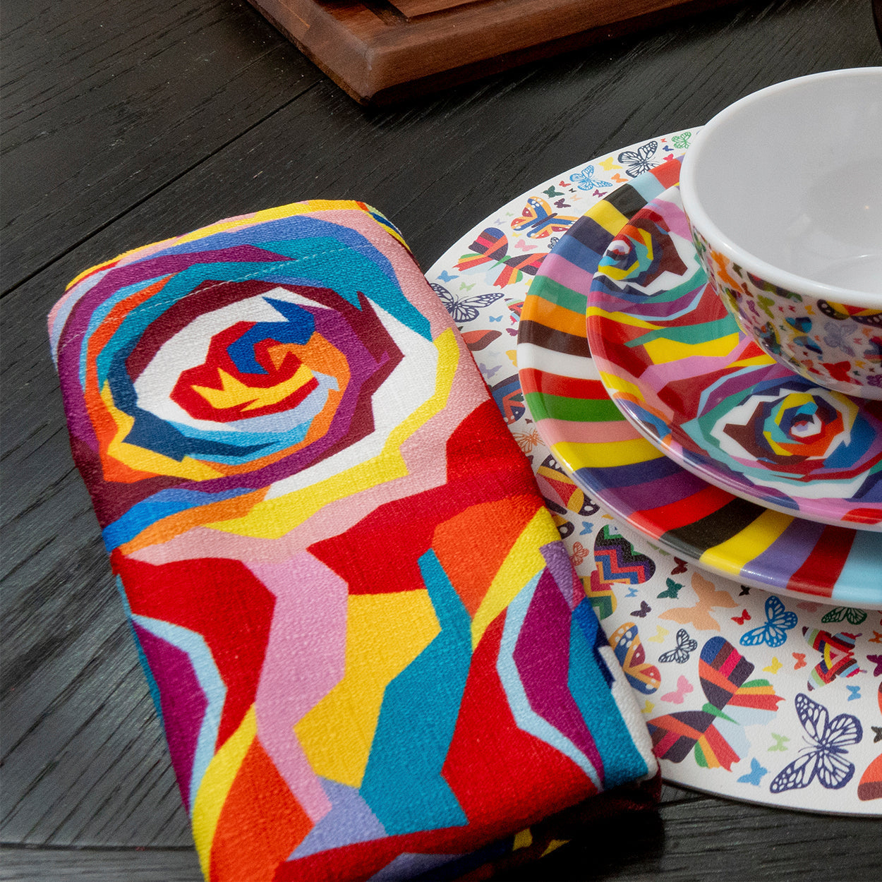 Multicolored Roses Faux Linen Napkin Set of 4