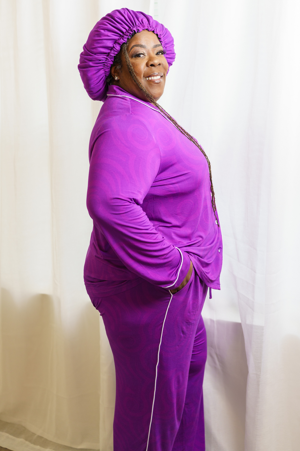 Purple Passion - Bamboo Pajama Pants Set, With A Matching Satin-Lined Bonnet
