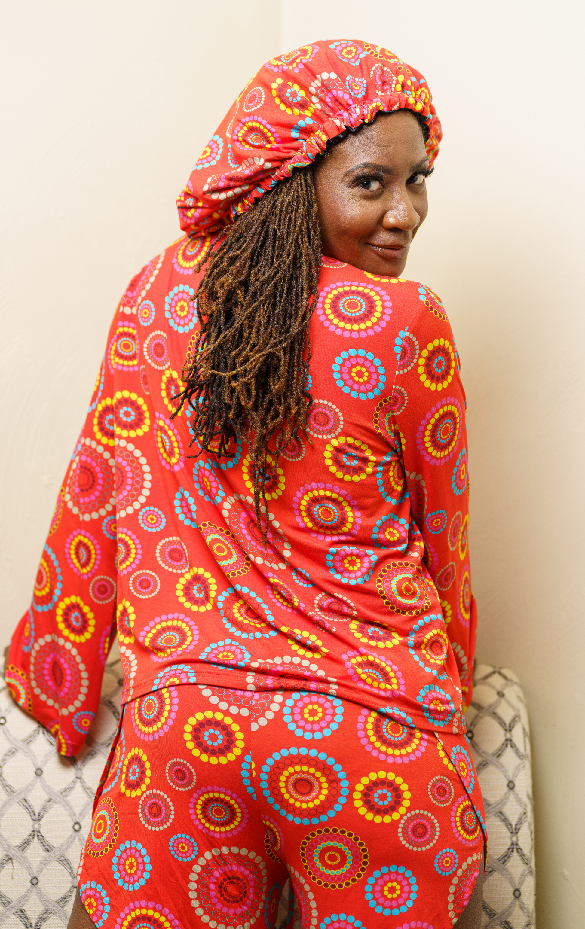 Orange Burst - Bamboo Long Sleeve Pajama Shorts Set With A Matching Satin-Lined Bonnet