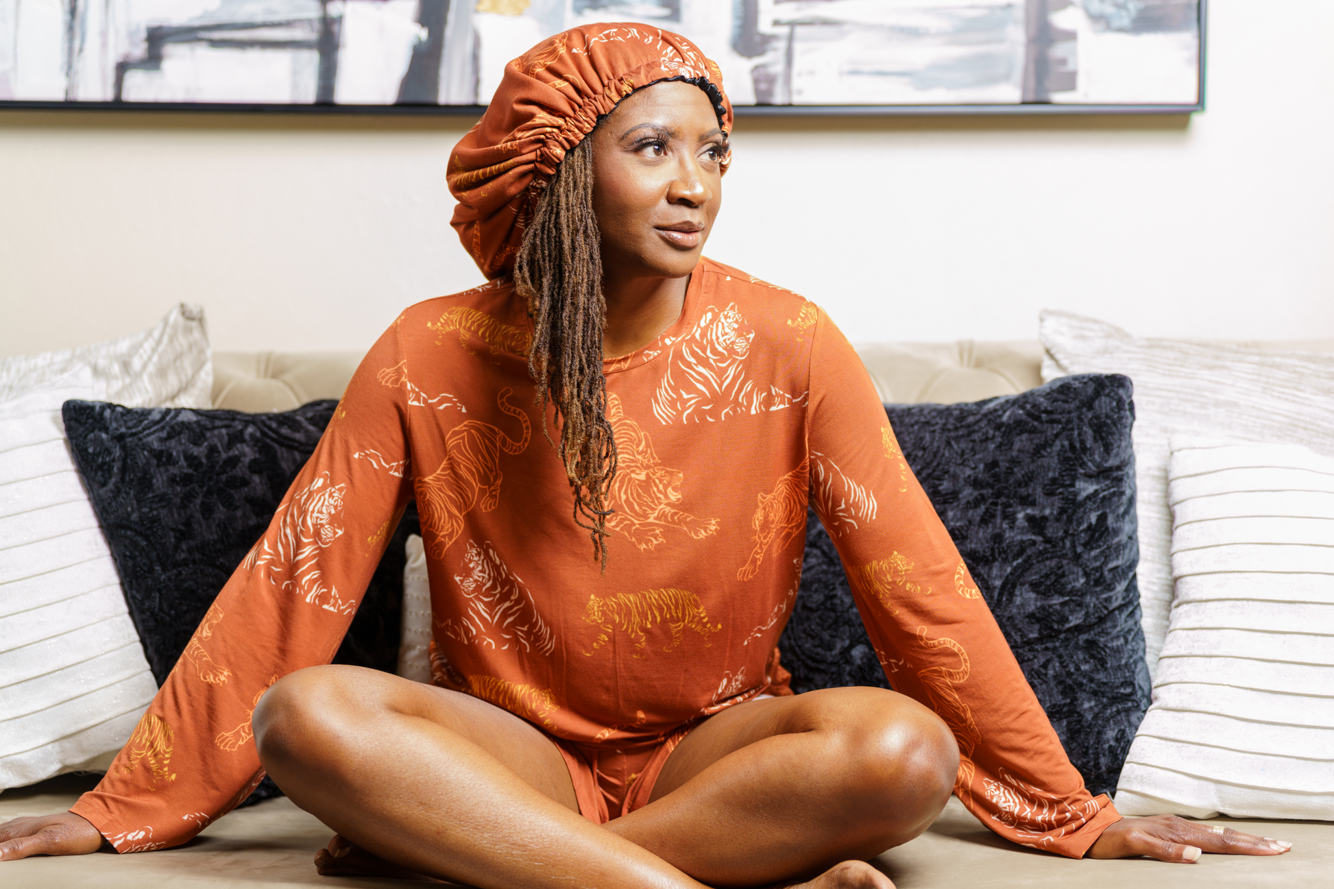 Tamed Tigers - Bamboo Pajama Shorts Set With A Matching Satin-Lined Bonnet