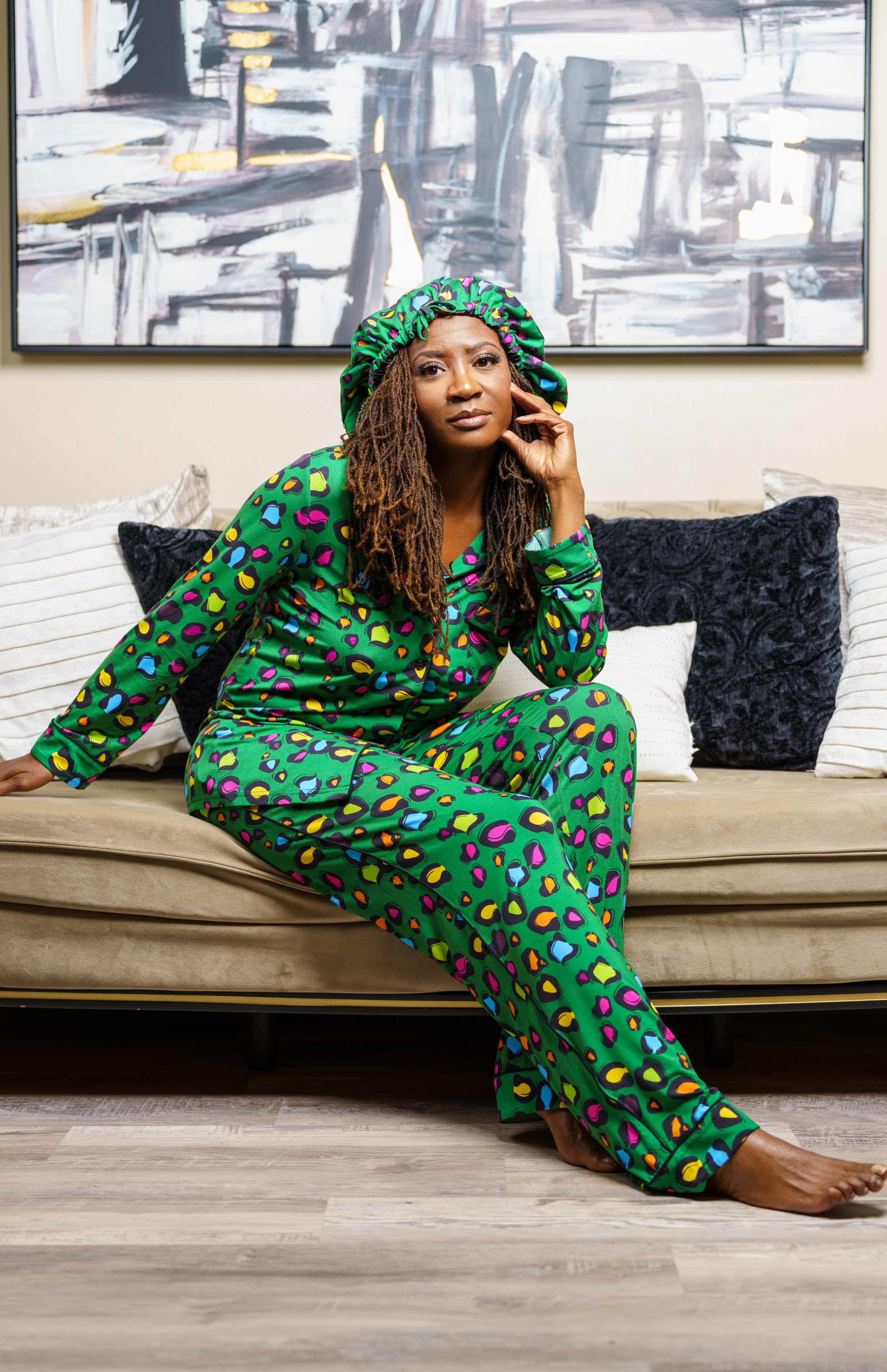 Animal Print - Bamboo Pajama Pants Set, With A Matching Satin-Lined Bonnet