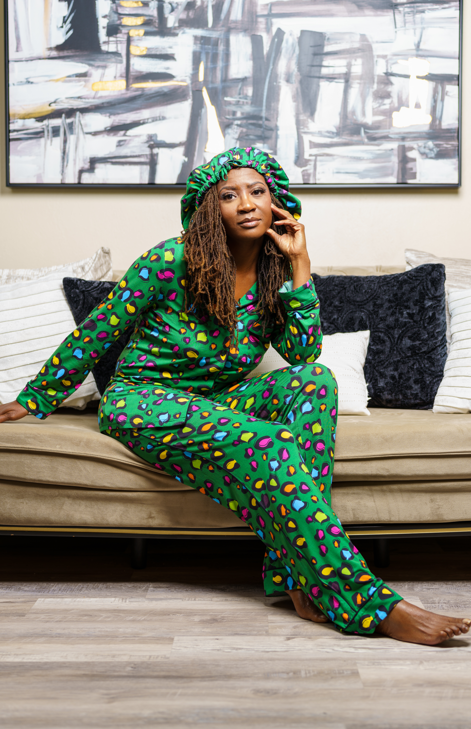 Animal Print - Bamboo Pajama Pants Set, With A Matching Satin-Lined Bonnet