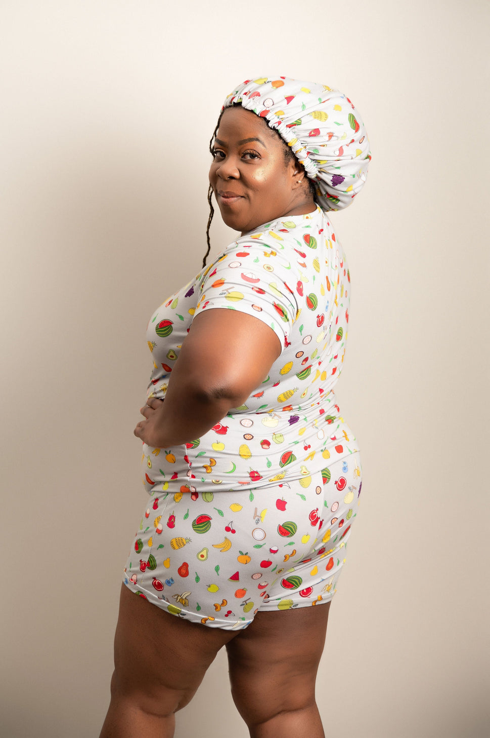 Fruity Tootie - Bamboo Pajama Shorts Set, With A Matching Satin-Lined Bonnet
