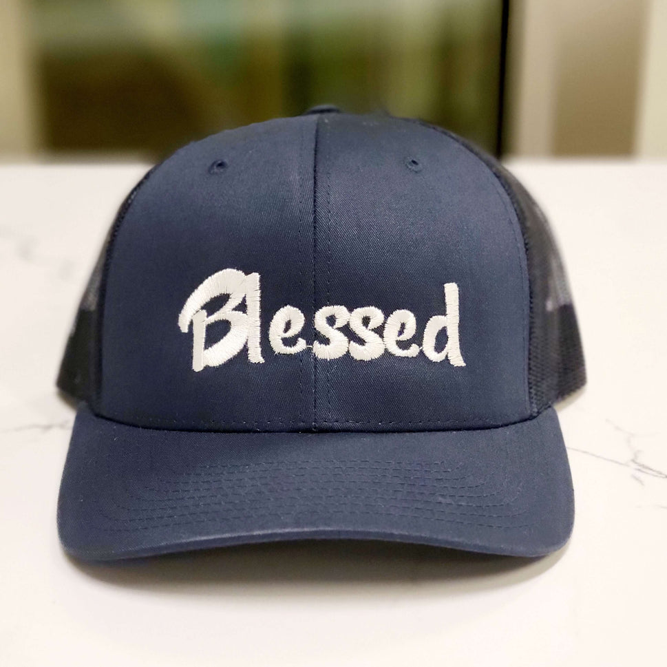 "Blessed" Embroidered Trucker Cap - Navy