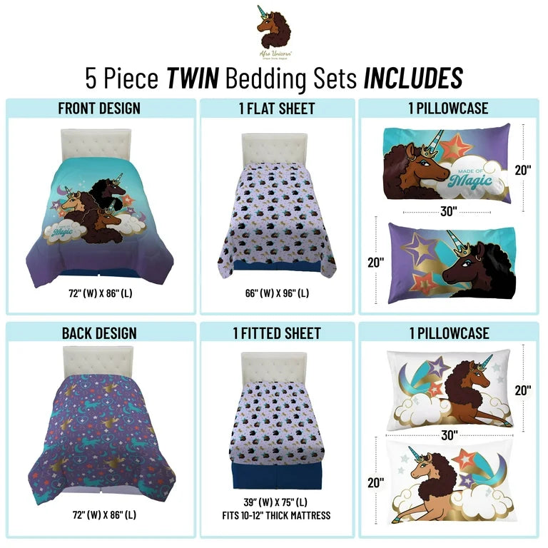 Afro Unicorn Kids 5-Piece Twin Comforter Set