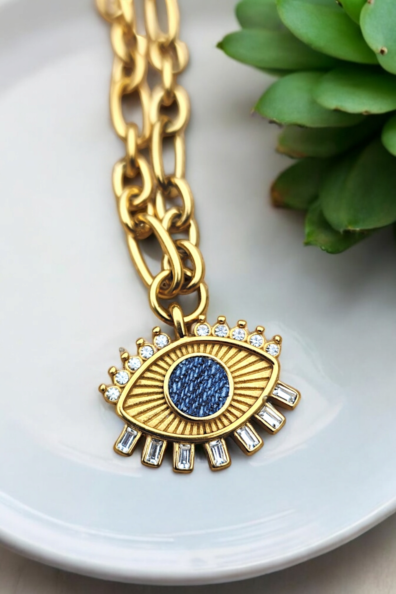 Denim Jean Necklace - Cable Link 18k Gold Choker Chain w/ Crystal Eye Pendant