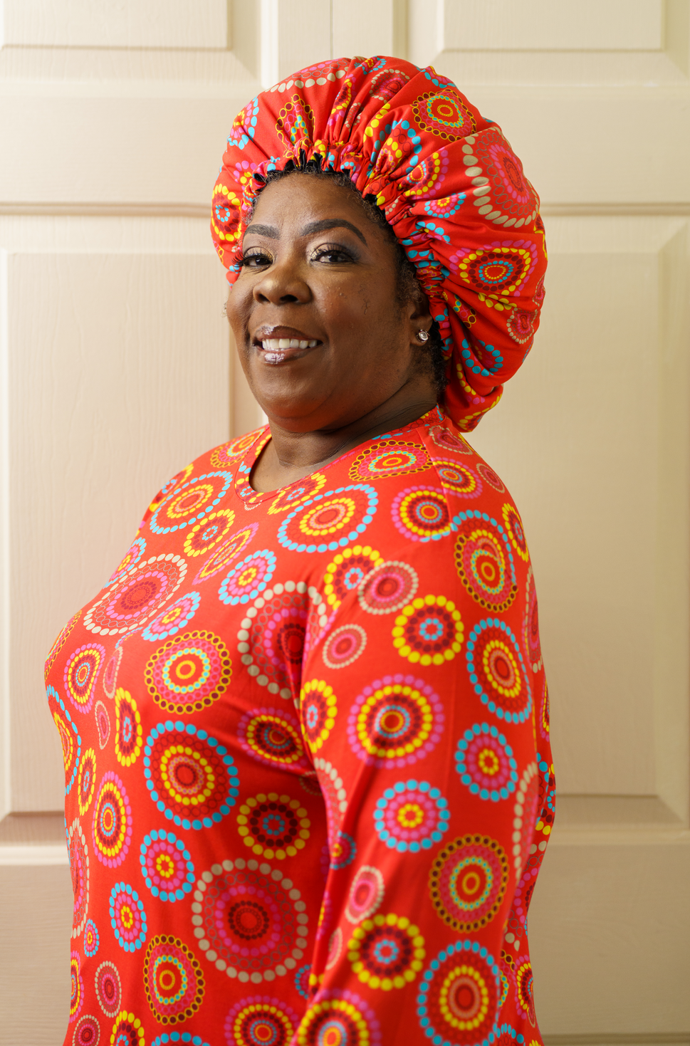 Orange Burst - Bamboo Long Sleeve Pajama Shorts Set With A Matching Satin-Lined Bonnet