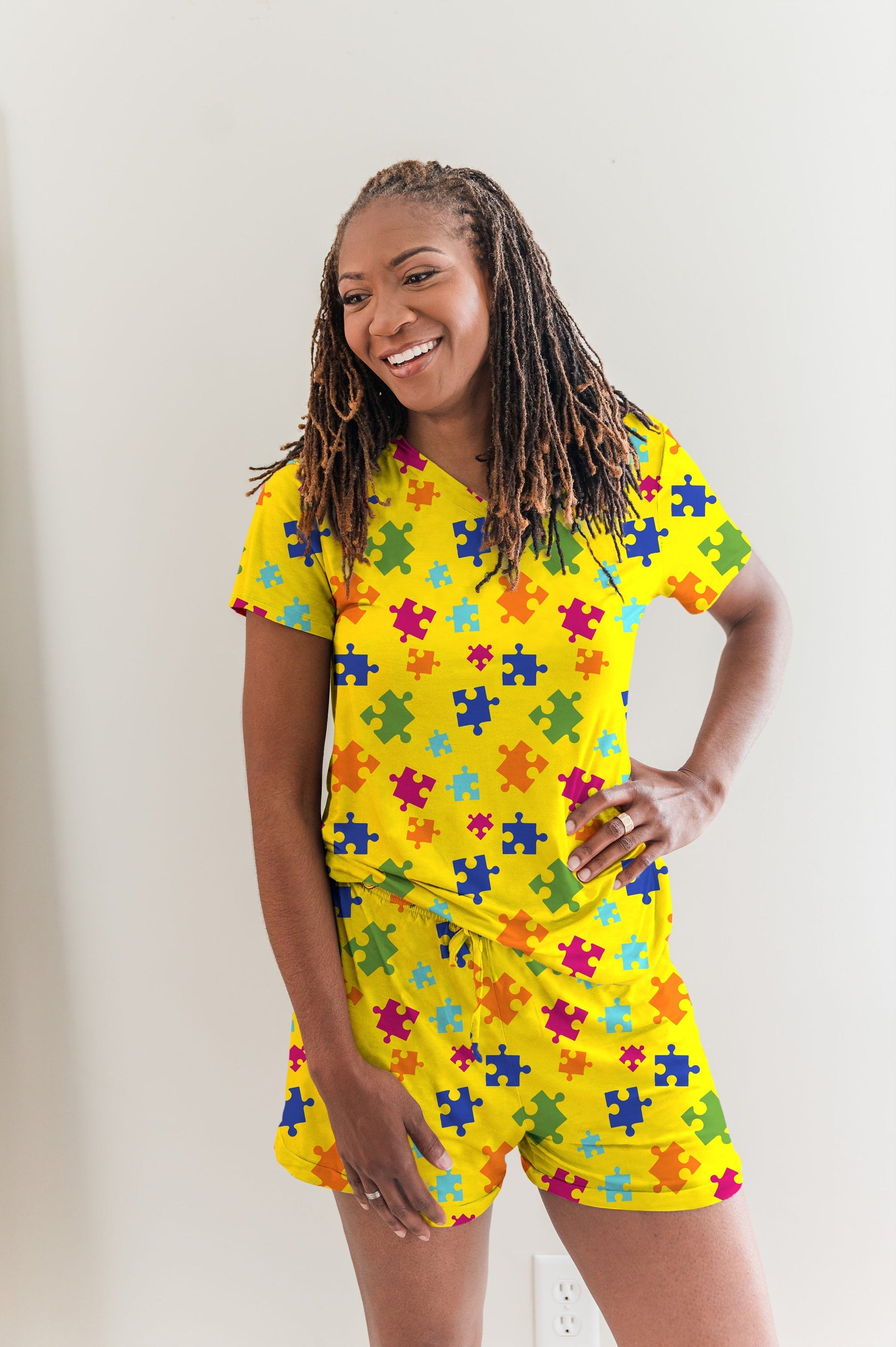 Puzzle Pieces - Bamboo Short Sleeve Pajama Shorts Set, With A Matching Satin-Lined Bonnet