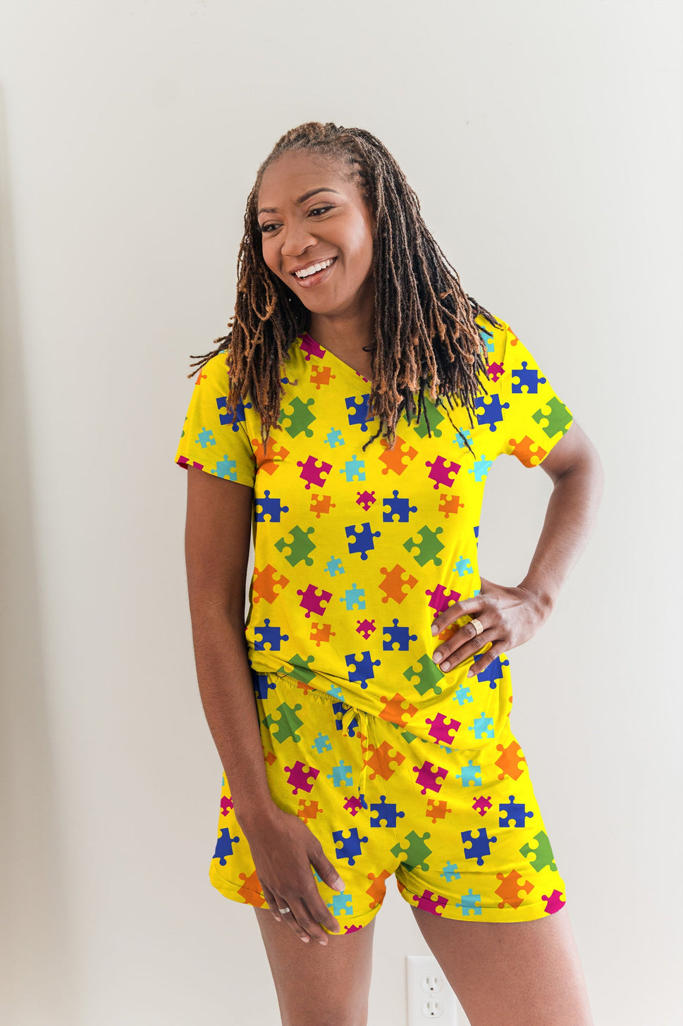 Puzzle Pieces - Bamboo Short Sleeve Pajama Shorts Set, With A Matching Satin-Lined Bonnet