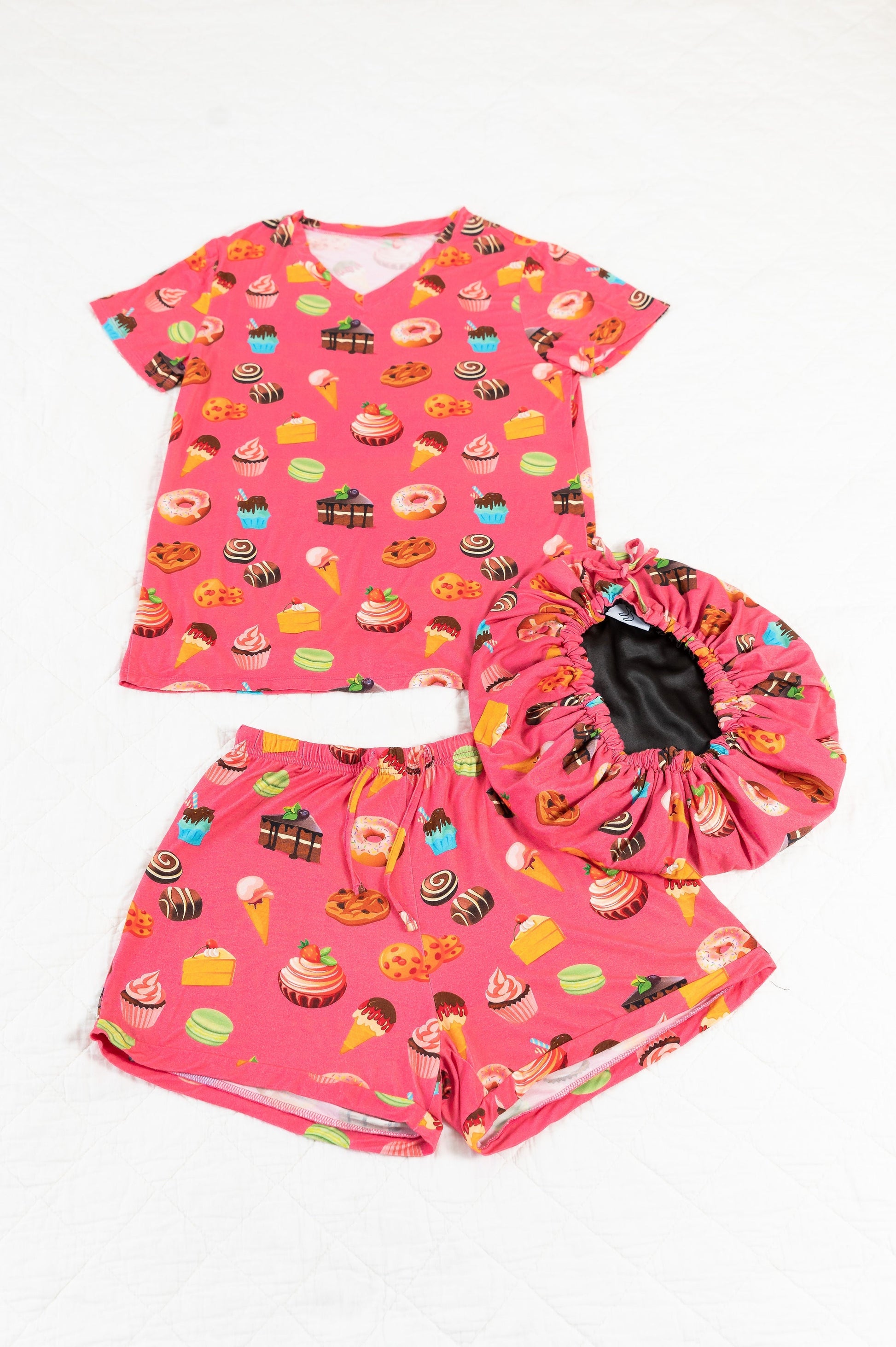 Sweet Tooth -  Bamboo Pajama Shorts Set, With A Matching Satin-Lined Bonnet