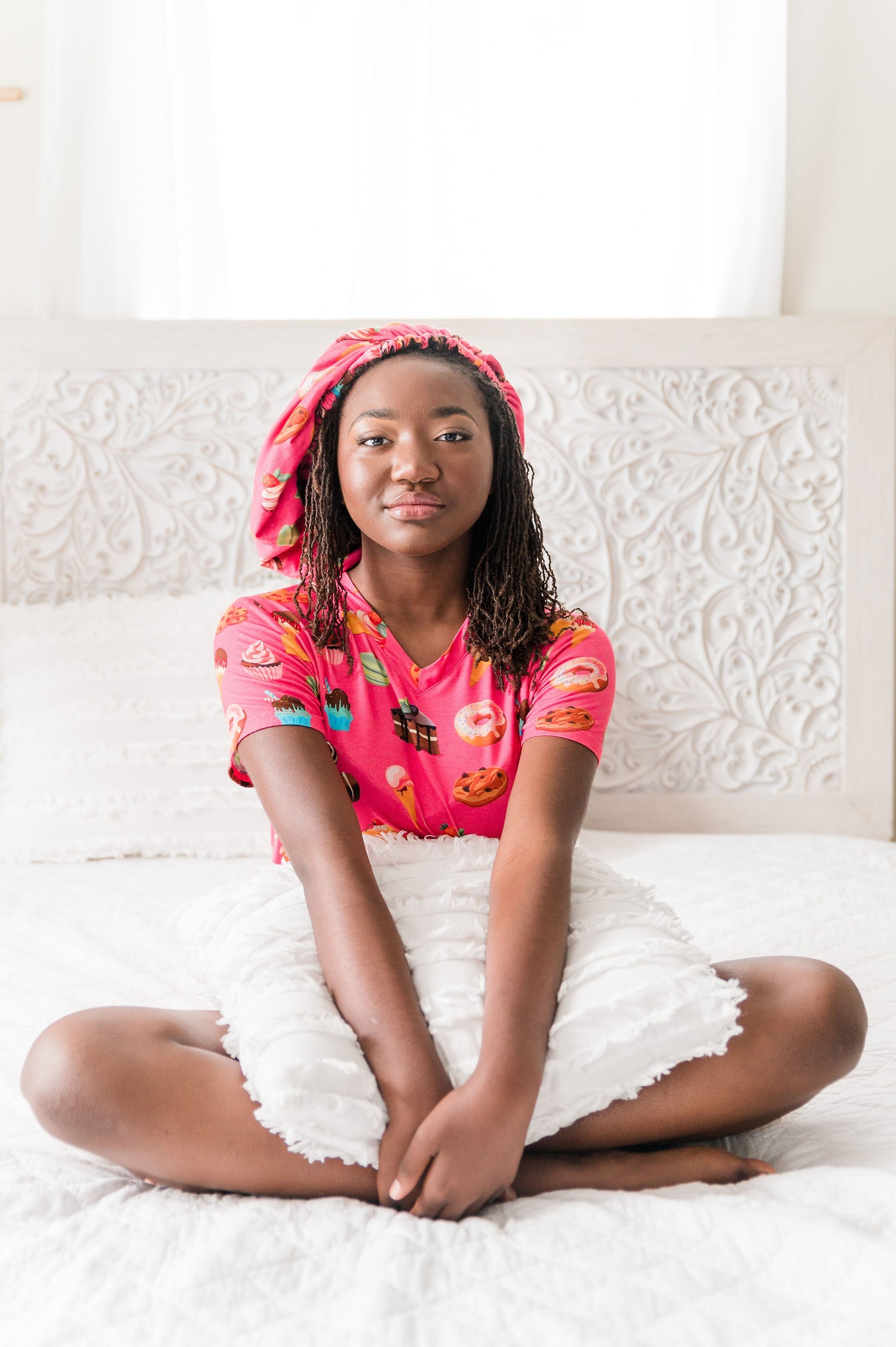 Sweet Tooth -  Bamboo Pajama Shorts Set, With A Matching Satin-Lined Bonnet