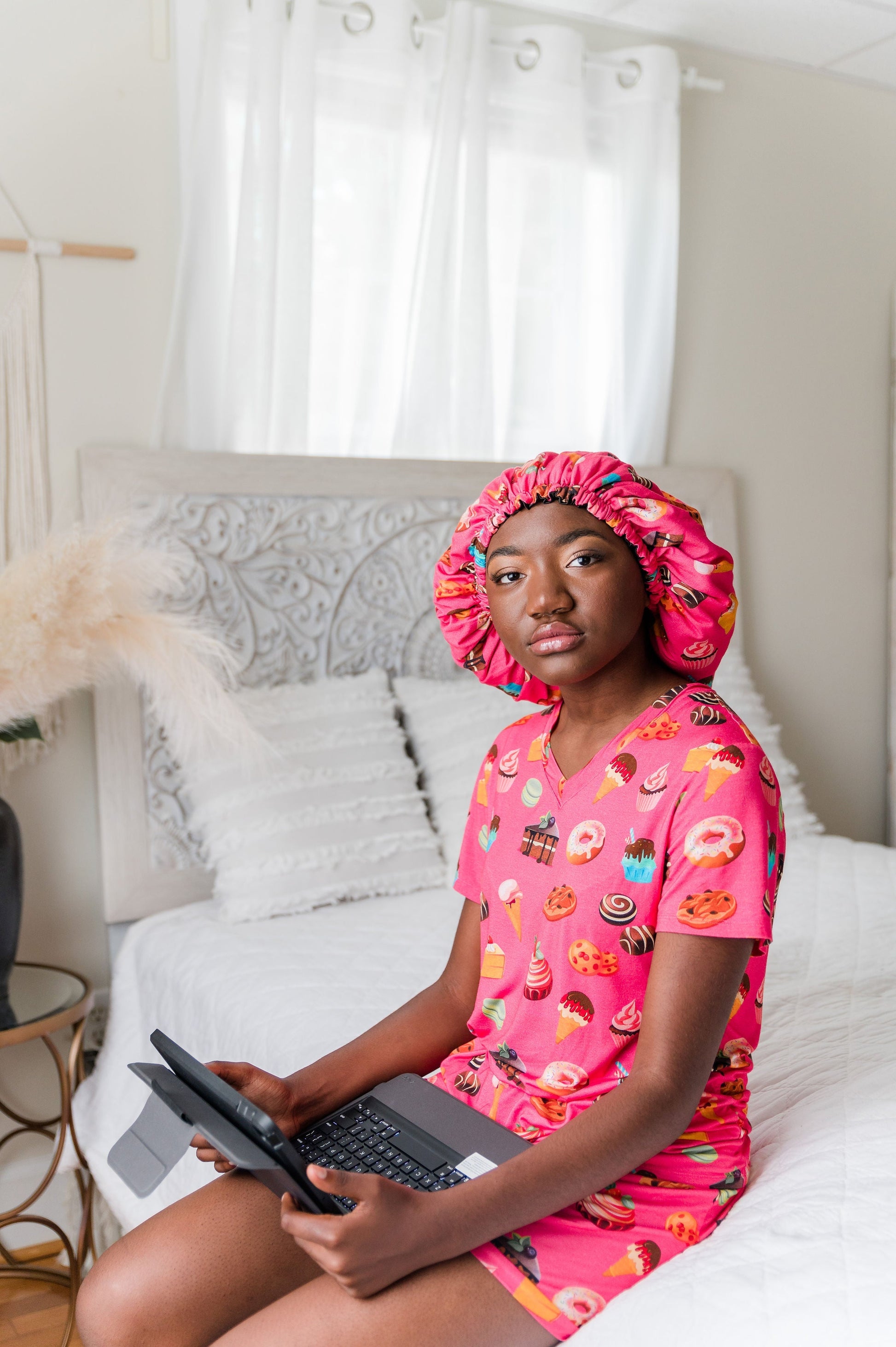 Sweet Tooth -  Bamboo Pajama Shorts Set, With A Matching Satin-Lined Bonnet