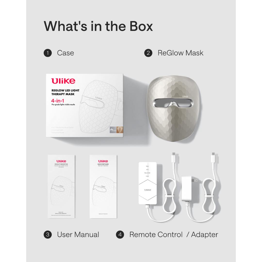 Product packaging with Ulike ReGlow LED therapy mask and accessories on a white background