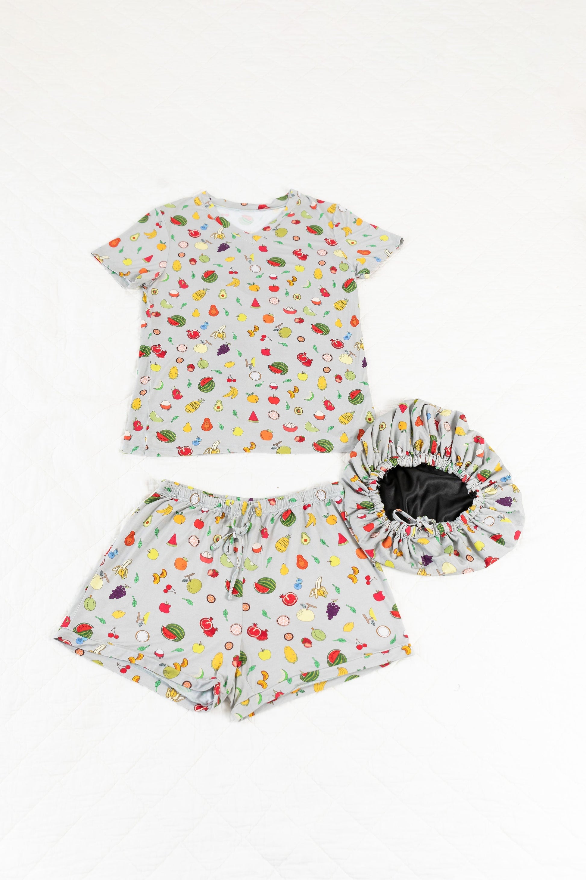 Fruity Tootie - Bamboo Pajama Shorts Set, With A Matching Satin-Lined Bonnet