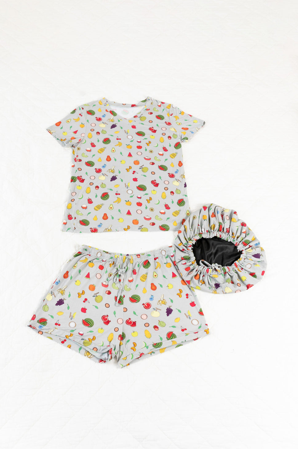 Fruity Tootie - Bamboo Pajama Shorts Set, With A Matching Satin-Lined Bonnet