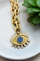 Switch Denim Jean Necklace -  Cable Link 18k Gold Choker Chain w/ Crystal Eye Pendant 2 image