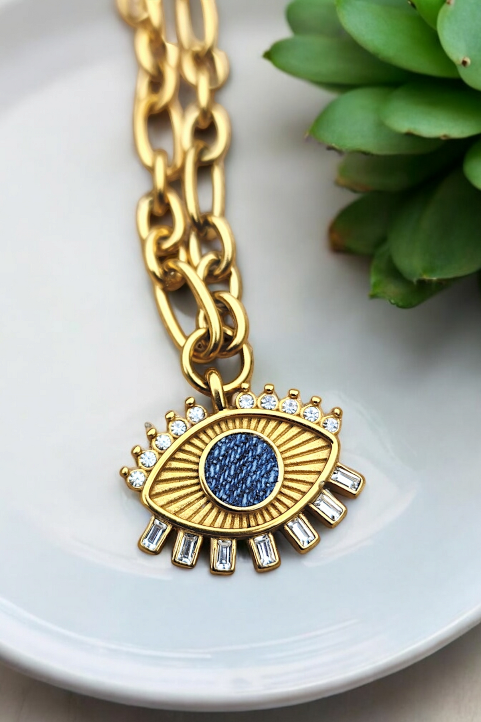 Denim Jean Necklace -  Cable Link 18k Gold Choker Chain w/ Crystal Eye Pendant