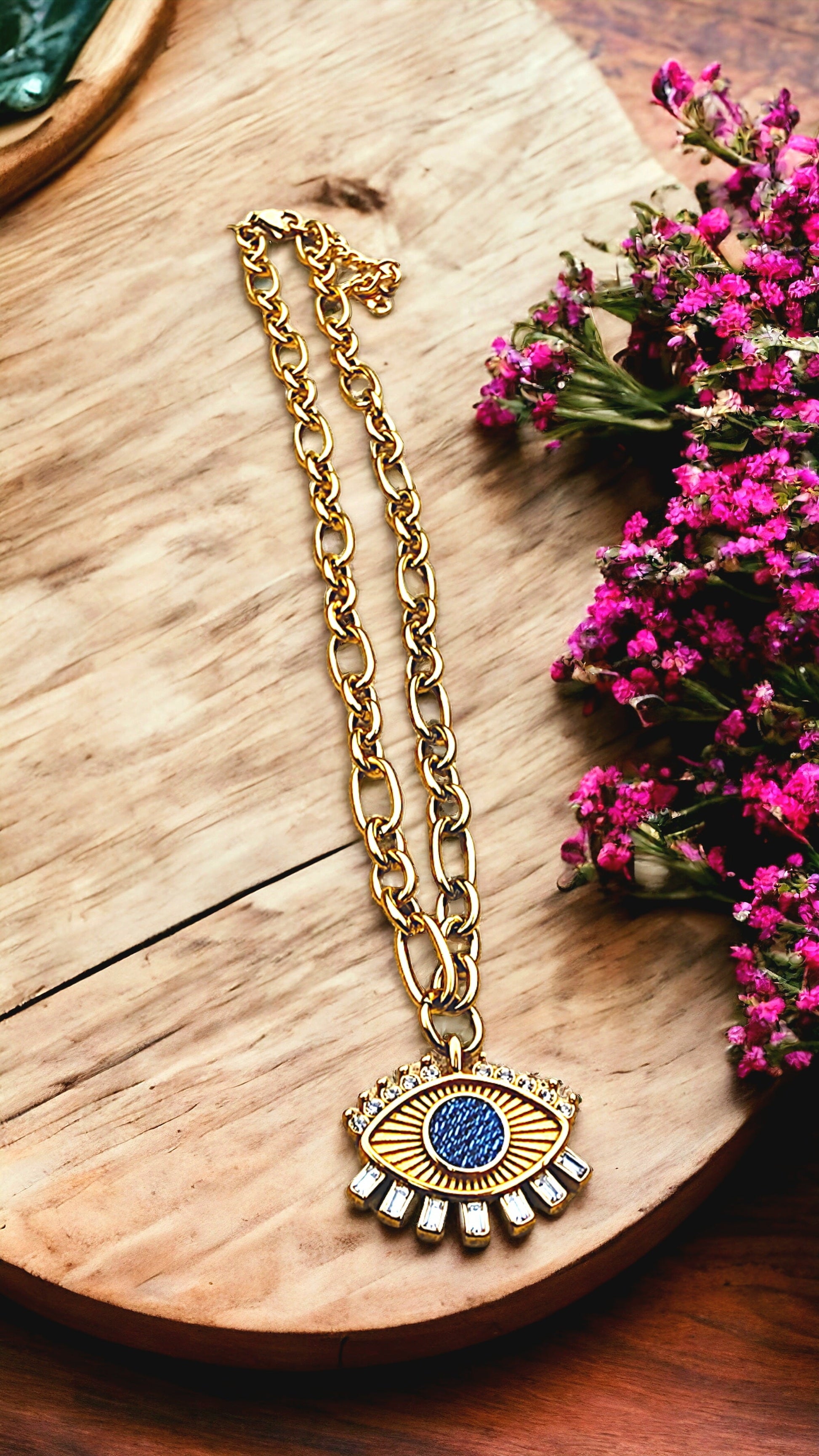 Denim Jean Necklace -  Cable Link 18k Gold Choker Chain w/ Crystal Eye Pendant