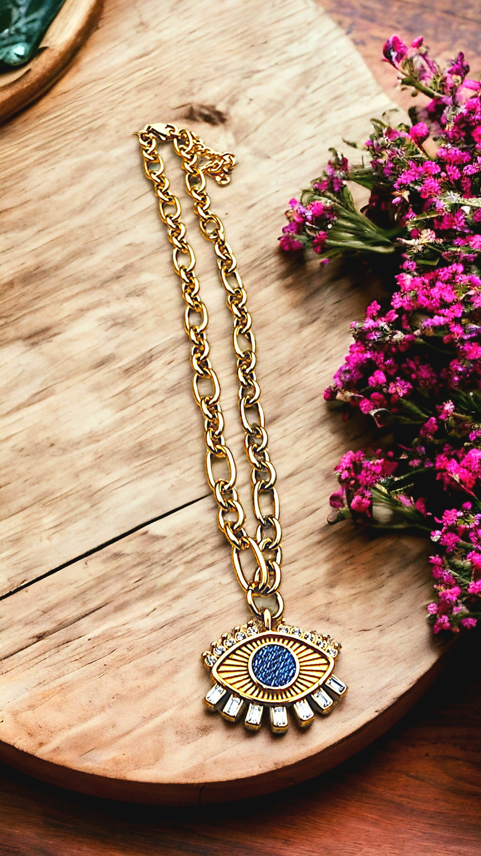 Denim Jean Necklace -  Cable Link 18k Gold Choker Chain w/ Crystal Eye Pendant