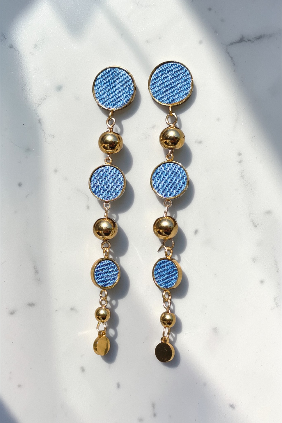 Denim Stainless Steel Round Post and Ball Dangle Earrings - Gold