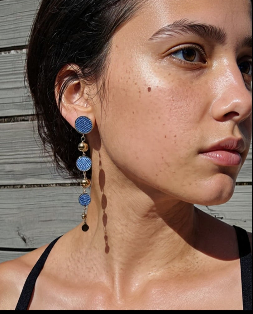 Denim Stainless Steel Round Post and Ball Dangle Earrings - Gold