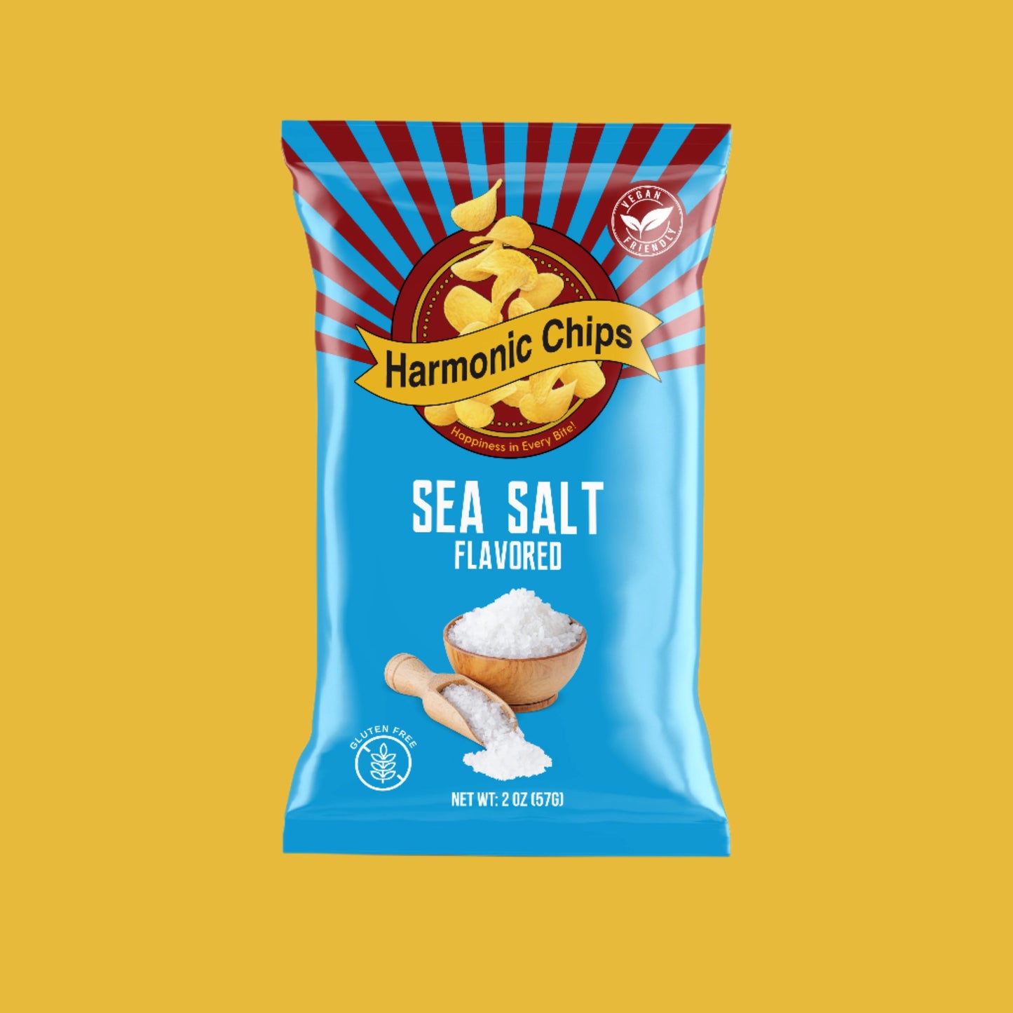 Sea Salt Harmonic Chips displayed with packaging and scattered chips