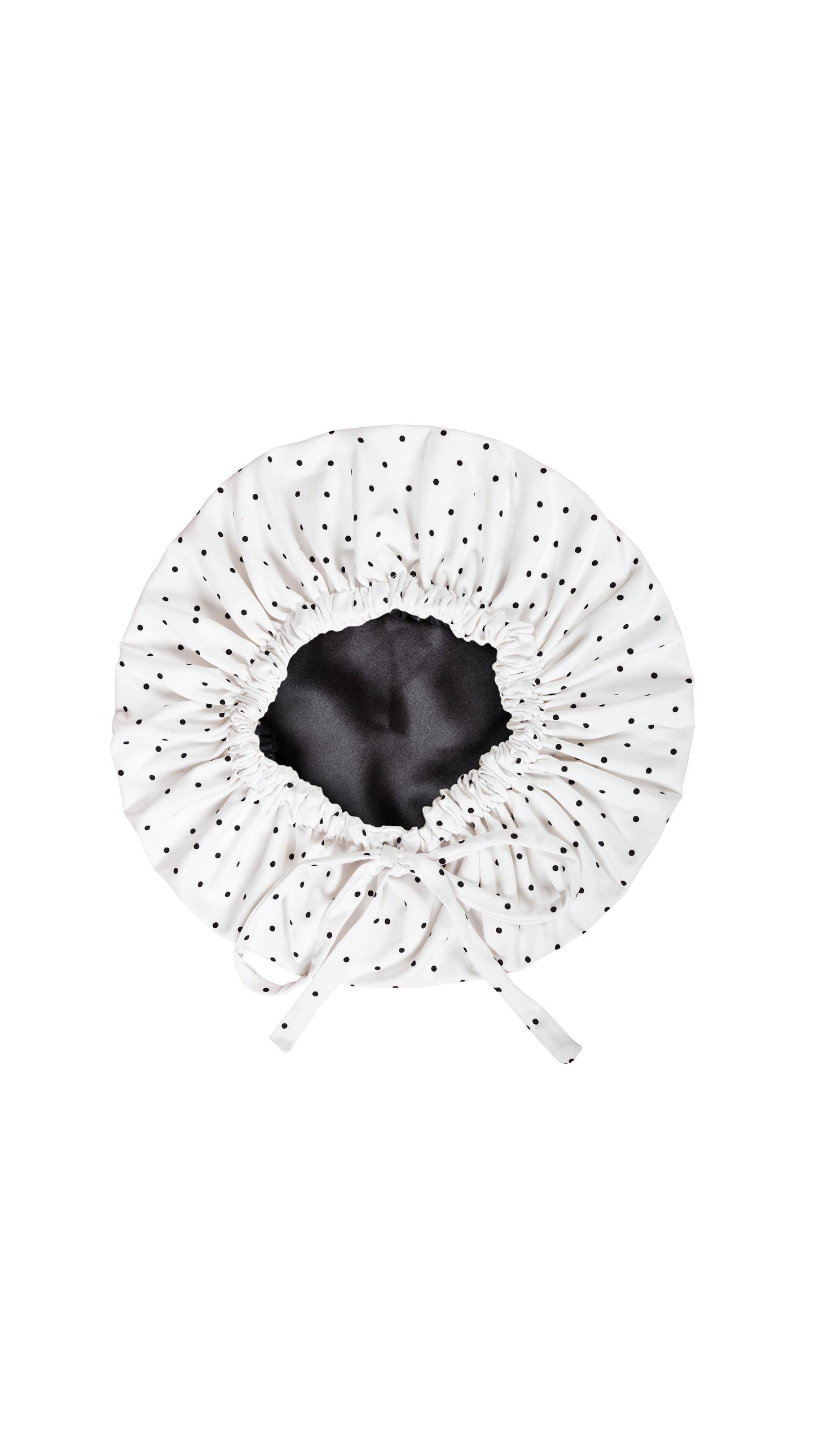 Soft and comfy Bamboo fabric, White and Black Polka Dots women's sleepwear/loungewear. Women's Pajama pants set with a Matching satin-lined bonnet.