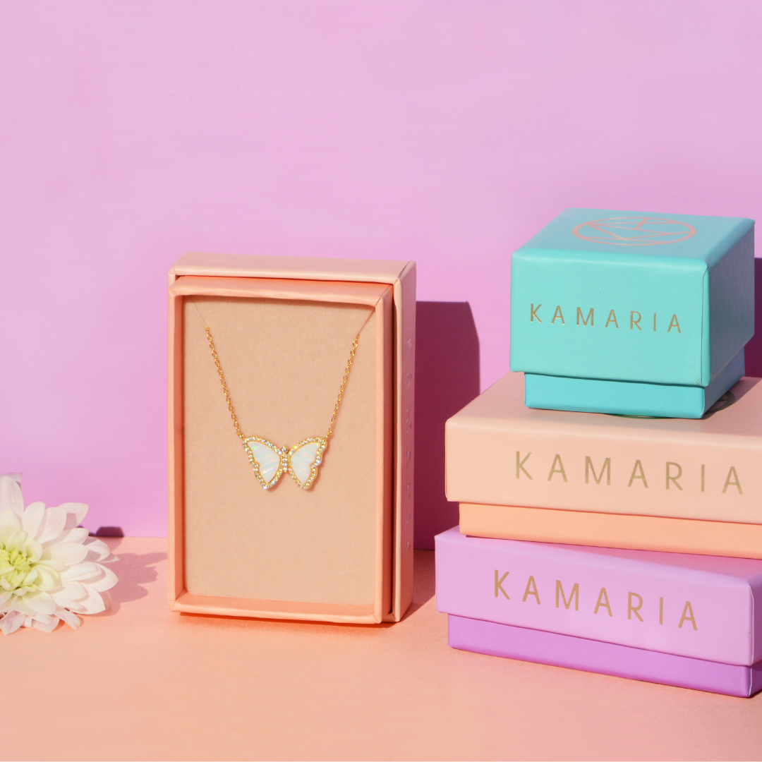 Opal Butterfly Necklace With Crystals - Fuchsia