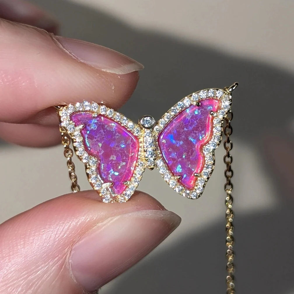 Opal Butterfly Necklace With Crystals - Fuchsia