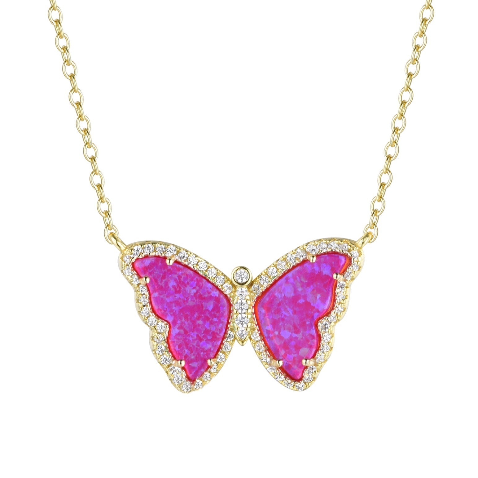 Opal Butterfly Necklace With Crystals - Fuchsia