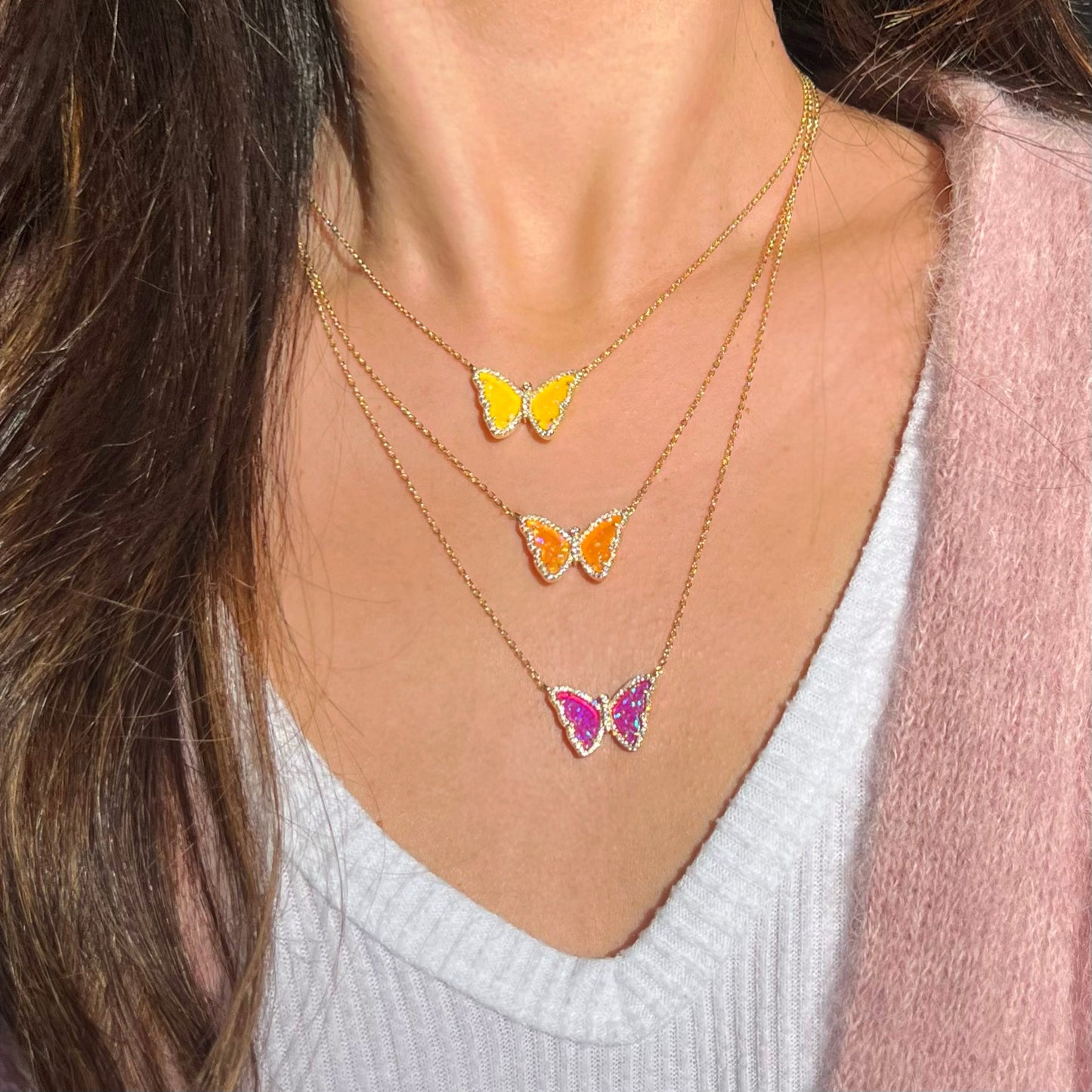 Opal Butterfly Necklace With Crystals - Fuchsia