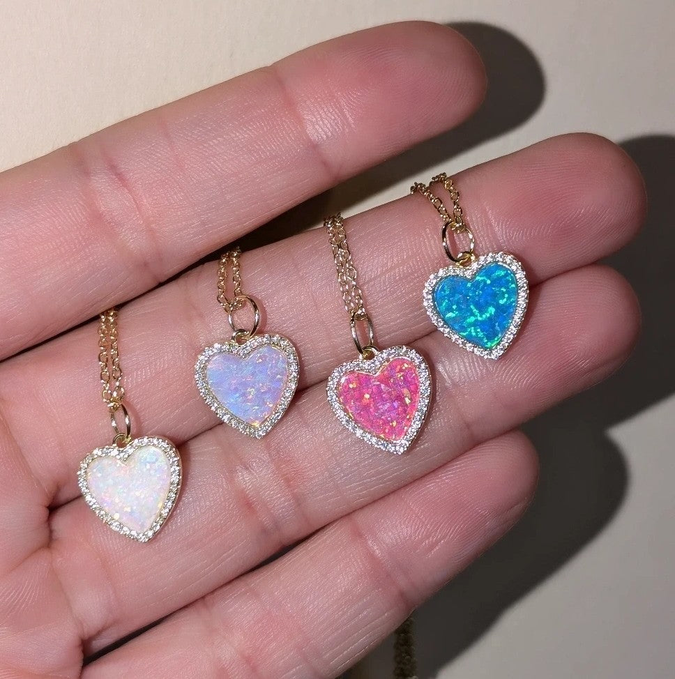Opal Heart Necklace With Crystals - Pink