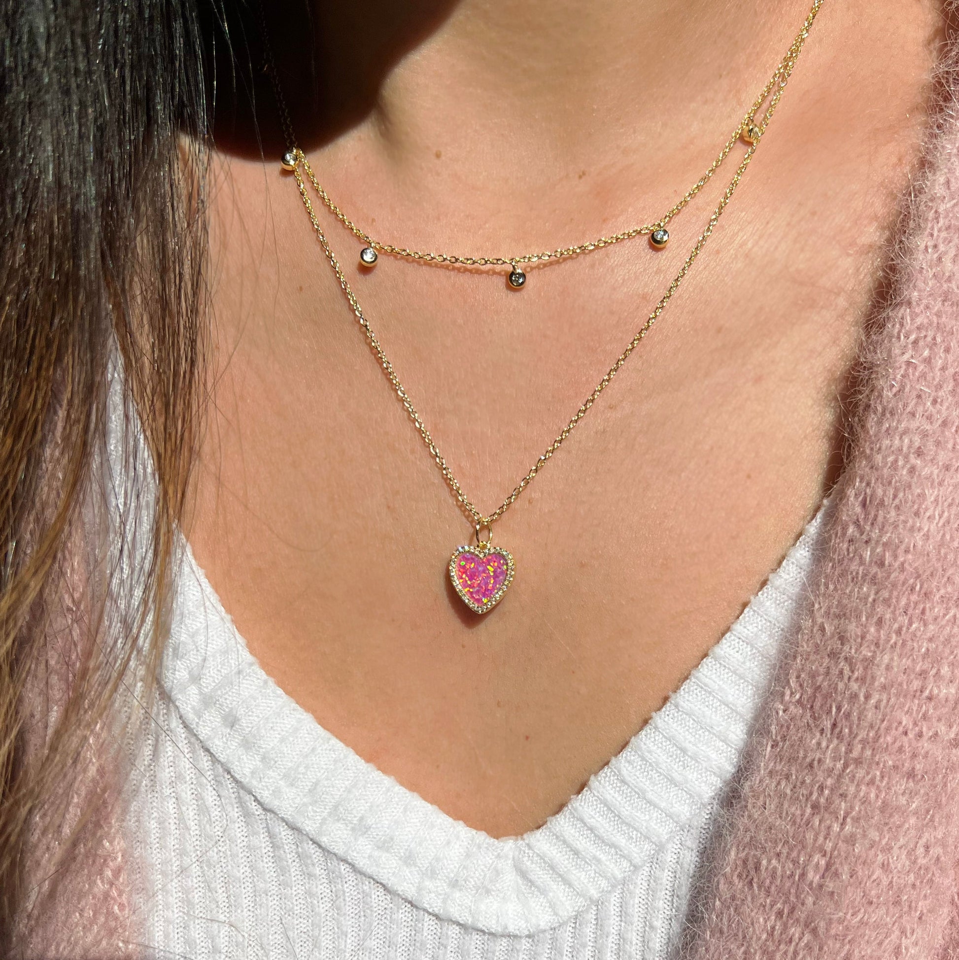 Opal Heart Necklace With Crystals - Pink